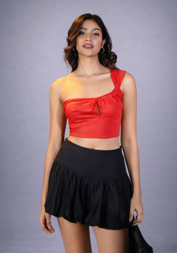 PETRIA RED ONE SHOULDER CROP TOP 