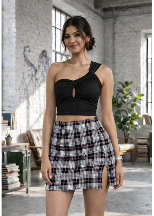 PETRIA BLACK ONE SHOULDER CROP TOP
