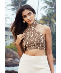 GABRIELLE BROWN HALTER NECK CROP BLOUSE