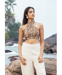 GABRIELLE BROWN HALTER NECK CROP BLOUSE