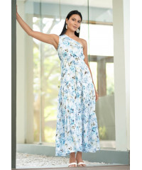 EMILIA BLUE PRINTED ONE SHOULDER DRESS