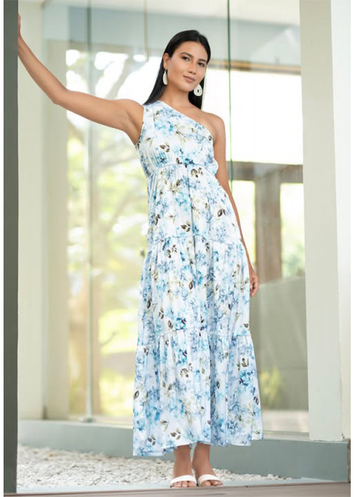 EMILIA BLUE PRINTED ONE SHOULDER DRESS