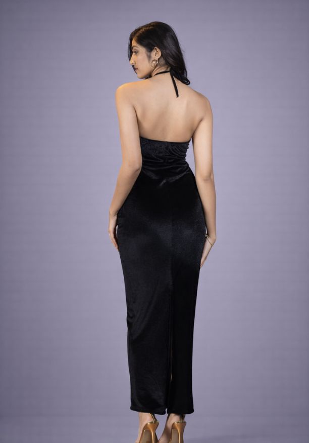 ALIZA HALTER NECK BLACK LONG DRESS