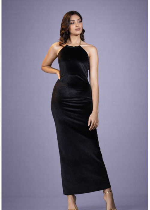 ALIZA HALTER NECK BLACK LONG DRESS