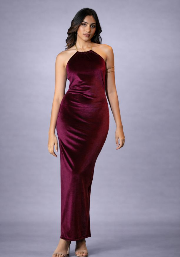 ALIZA HALTER NECK MAROON LONG DRESS