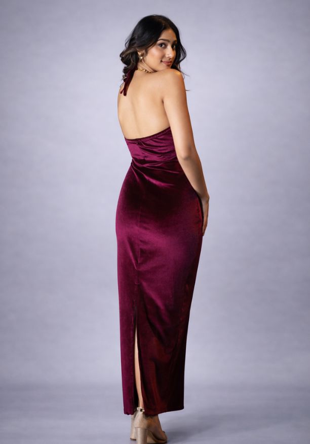 ALIZA HALTER NECK MAROON LONG DRESS