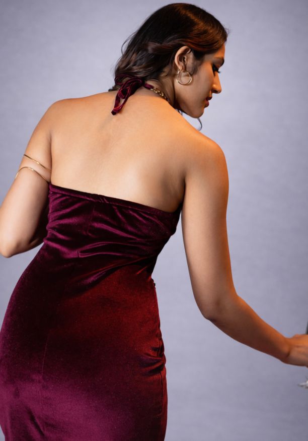 ALIZA HALTER NECK MAROON LONG DRESS