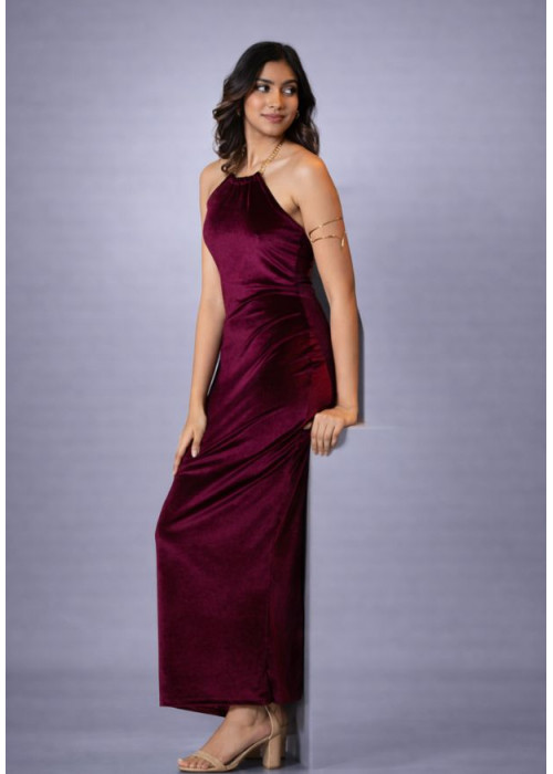 ALIZA HALTER NECK MAROON LONG DRESS