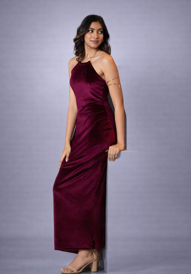 ALIZA HALTER NECK MAROON LONG DRESS