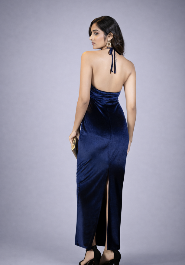 ALIZA HALTER NECK BLUE LONG DRESS