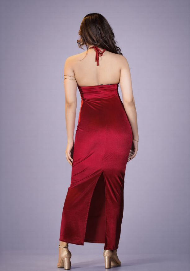 ALIZA HALTER NECK LONG RED DRESS