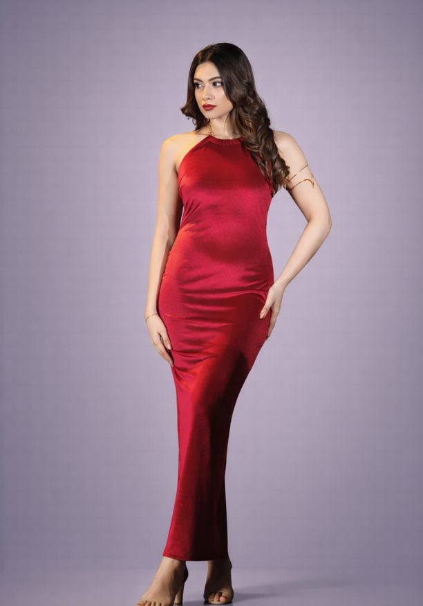 ALIZA HALTER NECK LONG RED DRESS