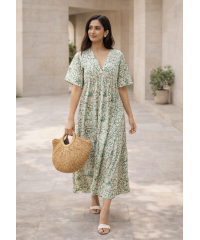 JENNY V NECK GREEN & WHITE DRESS