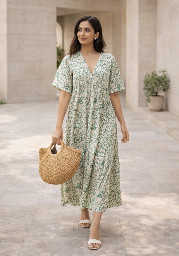 JENNY V NECK GREEN & WHITE DRESS