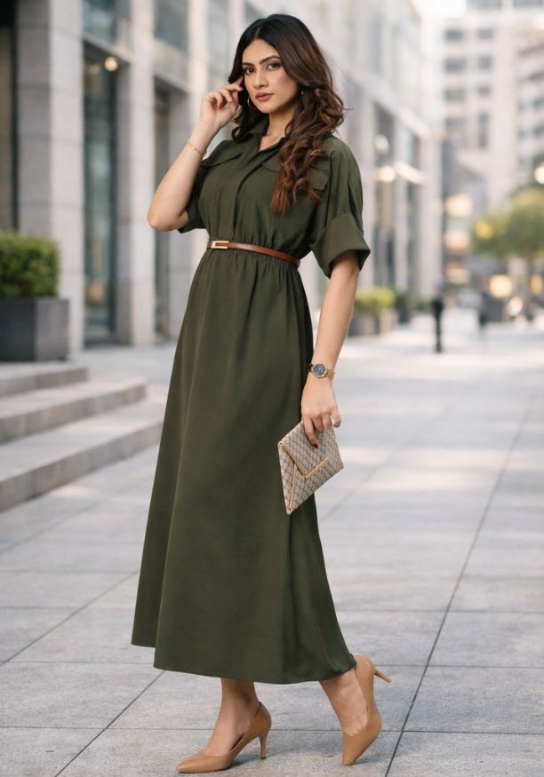 EVELYN UTILITY KAKI GREEN MAXI DRESS