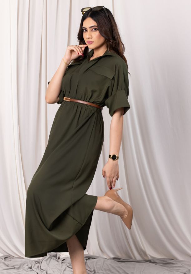 EVELYN UTILITY KAKI GREEN MAXI DRESS