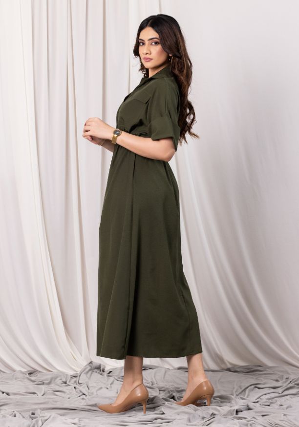 EVELYN UTILITY KAKI GREEN MAXI DRESS