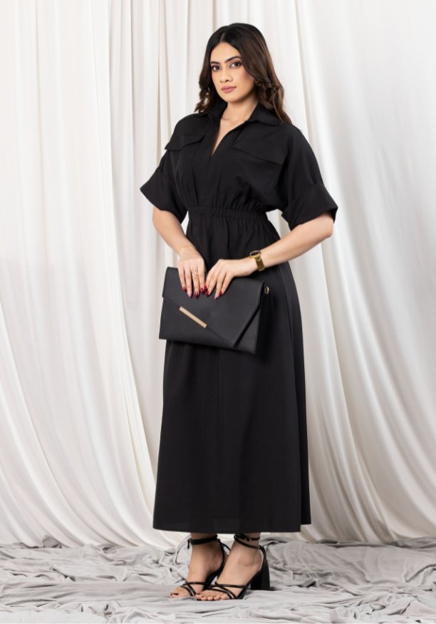 EVELYN UTILITY KAKI BLACK MAXI DRESS