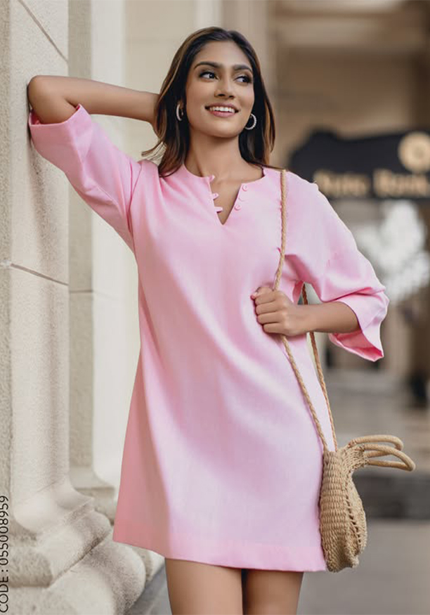 V NECK OVERSIZED PINK SHIRT DRESS