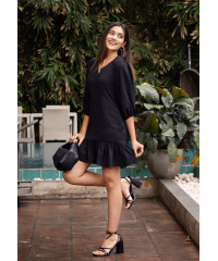 ROSE PUFF SLEEVE BLACK DRESS