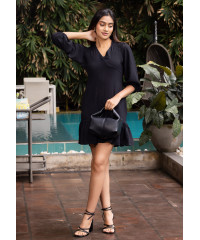 ROSE PUFF SLEEVE BLACK DRESS